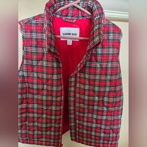 Lands' End Red and Black Checkered Plaid Vest, Petite Large